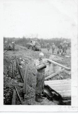 Unidentified soldier at 344th railroad bridge project outside Holmberg, Germany.