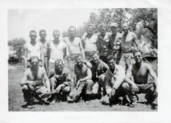 Lloyd V. Olson, third from left in front row, with other 344th Engineer soldiers. Location unknown.