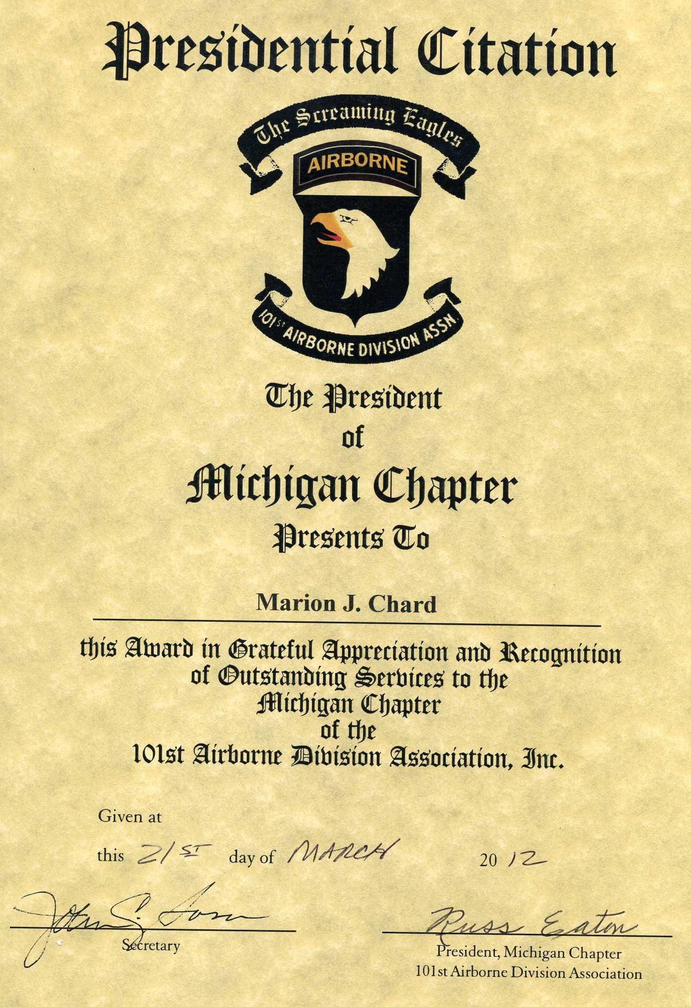 24437=4325 Presidential Citation to Marion from 101st Airborne001